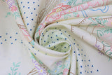 Swirled swatch Baskets of Blooms: Stitch fabric (white fabric with widely spaced grid lines in blue loosely tossed heart look shapes with outlined colourful floral, baskets and insects)