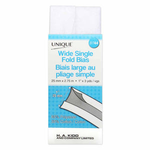 Wide single fold bias 25mm x 2.75m in packaging (white)