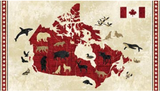 Full panel swatch Oh Canada collection fabric (Full map of Canada panel on beige fabric with red provinces/territories and animal silhouettes. Side stripes of red with beige maple leaves, Canada flag in top right corner)