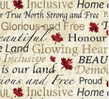 Square swatch Oh Canada collection fabric (white fabric with black and beige text from national anthem, red leaves)