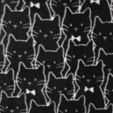 Square swatch cat fleece fabric (black fabric with collaged white cat outlines, some with white bowties)