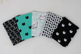 Fanned 5pc precuts in style "Meow" (black with white cat outlines, teal with black kitty head silhouettes, white with black and teal cat outlines, white with black arrows, black with white kitty head silhouettes)
