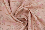 Swirled swatch Floral fabric (baby pink fabric with repeated floral design allover: whire and pink floral heads with grey and rust coloured leaves)