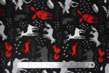 Flat swatch forest animals fleece (black fabric with white, grey, and red forest animals tossed squirrels, deer, moose, hedgehogs, bunnies, etc.)