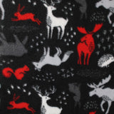 Square swatch forest animals fleece (black fabric with white, grey, and red forest animals tossed squirrels, deer, moose, hedgehogs, bunnies, etc.)