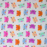 Square swatch Kitten Around fabric (white fabric with tossed drawn look kitty heads in peach, orange, purple, pink and blue)