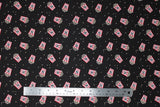 Flat swatch popcorn themed fabric in Popcorn Bucket Toss (retro popcorn buckets on black)