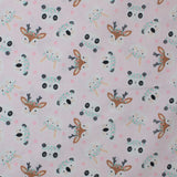 Square swatch cartoon animals with flower crowns printed fabric on pale pink (deer, bears, bunny)