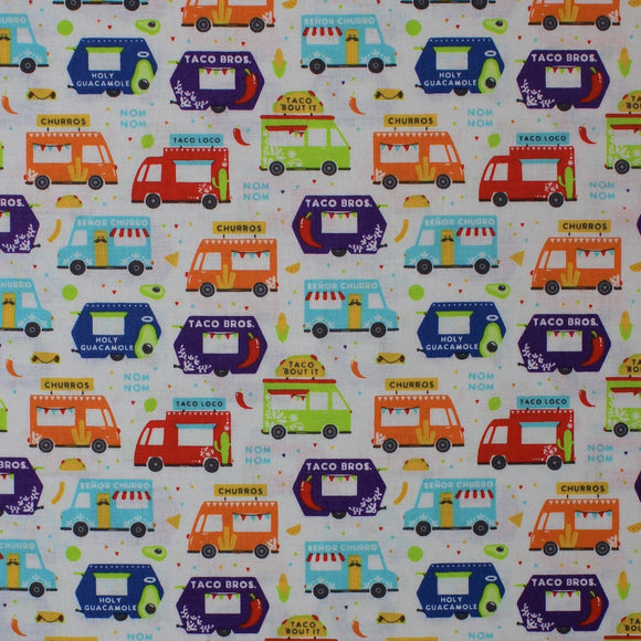 Square swatch Food Trucks fabric (white fabric with multicoloured food trucks allover: tacos, guac, churros, etc. in various colours with tossed tacos and chilis etc. in white spaces)