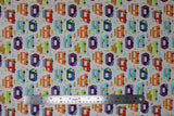 Flat swatch Food Trucks fabric (white fabric with multicoloured food trucks allover: tacos, guac, churros, etc. in various colours with tossed tacos and chilis etc. in white spaces)