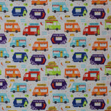 Square swatch Food Trucks fabric (white fabric with multicoloured food trucks allover: tacos, guac, churros, etc. in various colours with tossed tacos and chilis etc. in white spaces)