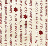 Square swatch Oh Canada collection fabric (white fabric with Canada facts in black and red text with red maple leaves)