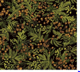 Square swatch fabric from Naturescapes collection in greenery (evergreen greenery with beige berries on black)