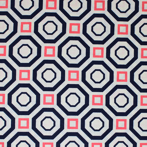 Square swatch Sococo fabric (white fabric with concentric navy octagon shapes and pink squares creating alternating geometric pattern allover)