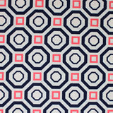 Square swatch Sococo fabric (white fabric with concentric navy octagon shapes and pink squares creating alternating geometric pattern allover)