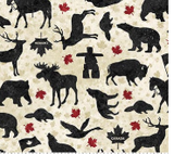 Square swatch Oh Canada collection fabric (light beige fabric with black animal and inuksuk silhouettes, red maple leaves)