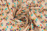 Swirled swatch Vines fabric (pale peach pink fabric with thin peach swirly vines allover with multi-coloured leaves in white, grey, navy, peach, orange, blue, green)
