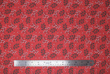 Flat swatch Sprigs fabric (deep watermelon pink fabric with tossed leafy sprigs in grey and tossed floral sprigs in white with grey stems)