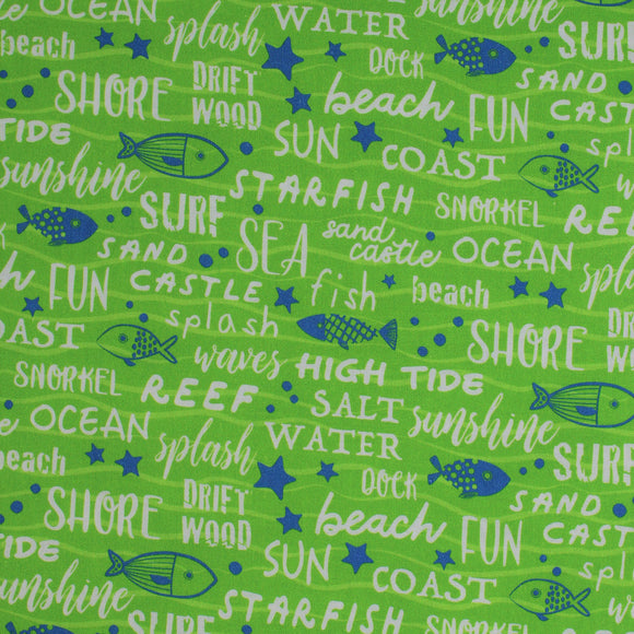 Square swatch go fish fabric (medium lime green fabric with white text allover related to summer 