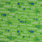 Square swatch go fish fabric (medium lime green fabric with white text allover related to summer "beach" "fish" etc. and tossed blue fish silhouettes/outlines and blue stars)
