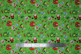 Flat swatch play time toss fabric (lime green fabric with tiny tossed Elf elements including green christmas trees, brown gingerbread people, red reindeer, waving santas, elves, elf movie title with elf as l, etch-a-sketch, etc.)