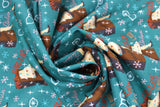 Swirled swatch Fra-Gee-Lay fabric (dark teal fabric with lady leg lamp on table tossed allover with a christmas story elements tossed)