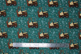 Flat swatch Fra-Gee-Lay fabric (dark teal fabric with lady leg lamp on table tossed allover with a christmas story elements tossed)