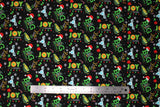 Flat swatch big christmas fabric (black fabric with small tossed holiday elements allover: white snowflakes, white/red candy canes, red and green holly/leaves, clear look moose cup, "Big Christmas" logo with tree for i and santa hat on b, "Joy to the squirrel" text)