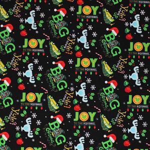 Square swatch big christmas fabric (black fabric with small tossed holiday elements allover: white snowflakes, white/red candy canes, red and green holly/leaves, clear look moose cup, "Big Christmas" logo with tree for i and santa hat on b, "Joy to the squirrel" text)