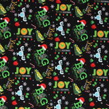 Square swatch big christmas fabric (black fabric with small tossed holiday elements allover: white snowflakes, white/red candy canes, red and green holly/leaves, clear look moose cup, "Big Christmas" logo with tree for i and santa hat on b, "Joy to the squirrel" text)