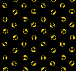 Printed quilting cotton featuring scattered small black Batman logo on yellow circles on a black background