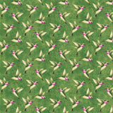 Square swatch Hummingbirds Med Green Multi fabric (green marbled look fabric with busy green hummingbird toss allover and shimmer)