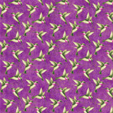 Square swatch Hummingbirds Purple Multi fabric (purple slightly marbled look fabric with busy tossed green hummingbirds allover and shimmer)