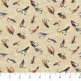 Square swatch fishing themed fabric in flies (fishing hooks/flies with multi-coloured feathers on beige)