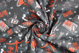 Swirled swatch Come To Freddy fabric (black fabric with grey scratch marks and tossed nightmare on elm street emblems allover and "come to freddy" etc text)