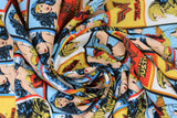 Swirled swatch Wonder Woman blocks fabric (square and rectangular blocks with Wonder Woman character poses and heads in various styles with W logo and "Fight for Justice" text)