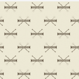 Swatch of Harry Potter themed quilting cotton fabric. Rows of a repeated motif, first row right side up, next row upside down. The dark taupe motif on ivory background features a narrow banner reading "HOGWARTS" over a pair of crossed wands.