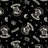 Swatch of Harry Potter themed quilting cotton fabric.  White Hogwarts crests, keys, stars, and "Harry Potter" tossed on a black background.