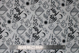 Flat swatch artifacts fabric (white fabric with black drawn style HP emblems allover: deathly hallows symbol, envelopes, snitch, snake, lion head, feather, "Harry Potter" text, etc.)