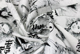 Swirled swatch Mystery of Magic fabric (white fabric with sketched style graphics of movie characters and logo)