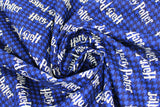 Swirled swatch Houndstooth fabric (black and blue houndstooth print fabric with 'Harry Potter' movie logo text allover)