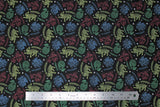 Flat swatch licensed Harry Potter printed fabric in Mystical Houses (house animal drawings in bright multi colours on black)