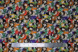 Flat swatch HP Kawaii fabric (white fabric with small tossed Harry Potter Kawaii style cartoon characters in full colour with green "Harry Potter" text and little creatures tossed with characters)