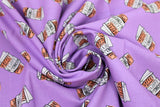 Swirled swatch Short of Cynicism fabric (purple fabric with tossed disposable coffee cups allover with "coffee please" "a shot of cynicism" and "Gilmore girls" text)