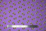 Flat swatch Short of Cynicism fabric (purple fabric with tossed disposable coffee cups allover with "coffee please" "a shot of cynicism" and "Gilmore girls" text)