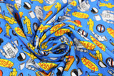 Swirled swatch Jerry Icons Toss fabric (blue fabric with tossed seinfeld logo, no tooth sign, yellow suit, coffee mug, ruffle shirt, etc.)