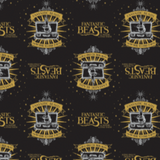 Licensed quilting cotton for Fantastic Beasts and Where to Find Them.  Top row features the film title in yellow alternating with the crest for the movie - a white hand with a wand extending from a white open suit case over a yellow star burst with a yellow banner above reading "Fantastic Beasts" and one below reading "And Where To Find Them".  The second row is off-set by a motif and upside down compared to the top row.  The two rows repeat over a black background.