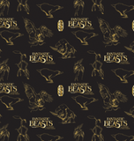 Licensed quilting cotton for "Fantastic Beasts And Where To Find Them".  The movie title is scattered among line drawings of some of the beasts featured in the film, all in gold over a black background.  Creatures include the niffler, thunderbird, erumphant, and bowtruckle.