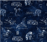 Licensed quilting cotton for "Fantastic Beasts and Where To Find Them". Film title interspersed with line drawings of a number of the beasts from the film along with scribbled notes, all in a white ink on a navy blue marbled, parchment-like background. The print resembles an explorer's notebook and includes beasts such as the niffler, erumphant, and thunderbird.