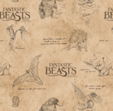 Licensed quilting cotton for "Fantastic Beasts and Where To Find Them". Film title interspersed with line drawings of a number of the beasts from the film along with scribbled notes, all in a black ink on a tan, parchment-like background.  The print resembles an explorer's notebook and includes beasts such as the niffler, erumphant, and thunderbird.